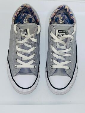 Converse Low Top Sneakers in Gray with Blue and Cream Floral Lining